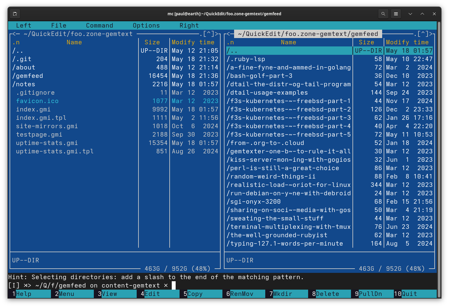Midnight Commander running in a Linux terminal with its classic two-pane blue interface